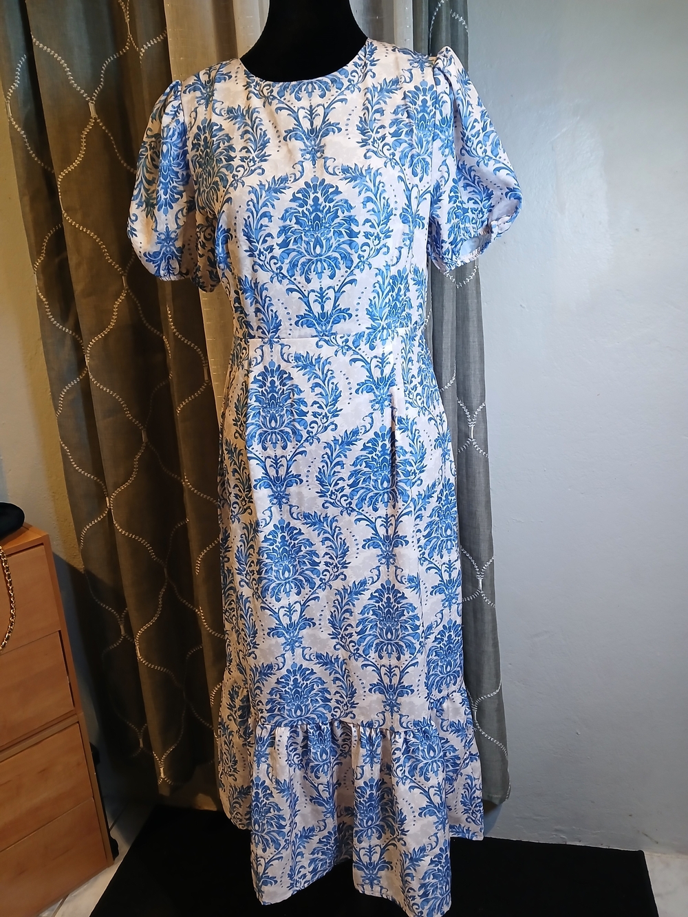 Blue and White Floral Maxi Dress with Puff Sleeves